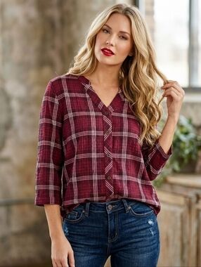 Denim & Co XS Maroon Black and White Plaid Button-Up 3/4 Sleeve Shirt